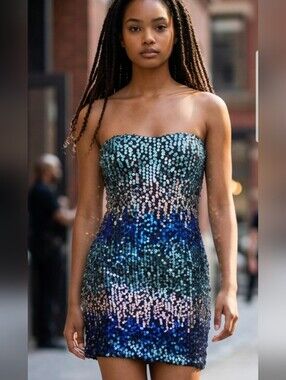 Strapless Blue Sequin Bodycon Dress